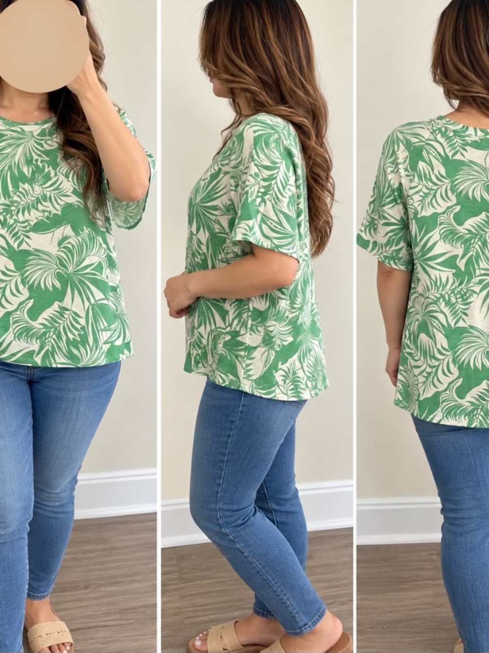 Chelsea & Theodore Green and White Leaf Print Short Sleeve Top